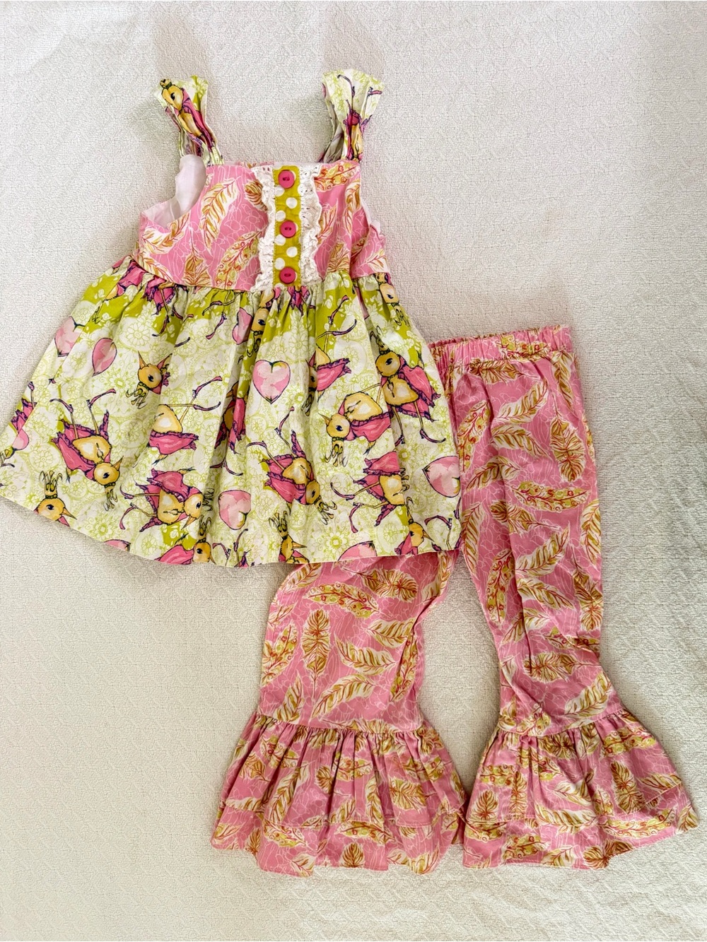 Peaches N Cream Pink & Lime Floral Bird Babydoll Top and Flare Pants